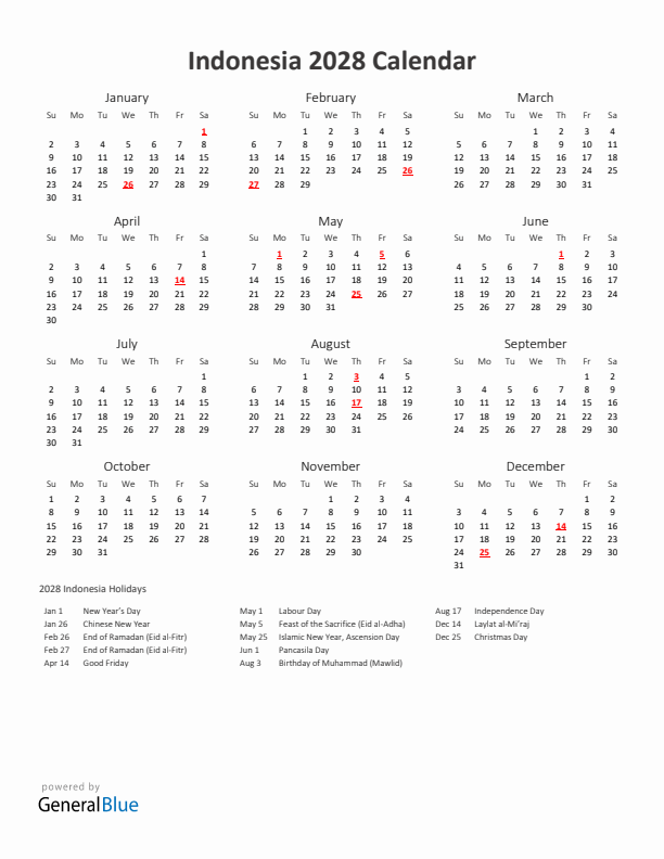 2028 Yearly Calendar Printable With Indonesia Holidays