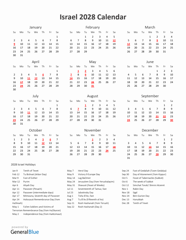 2028 Yearly Calendar Printable With Israel Holidays