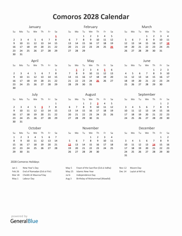 2028 Yearly Calendar Printable With Comoros Holidays