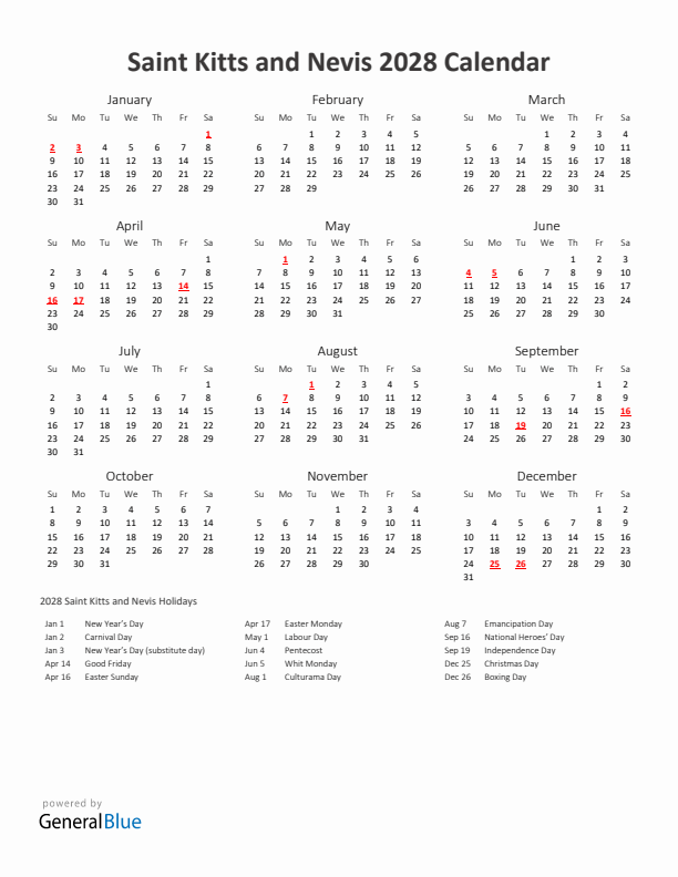 2028 Yearly Calendar Printable With Saint Kitts and Nevis Holidays