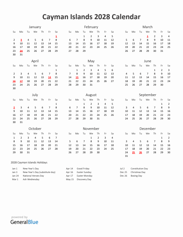 2028 Yearly Calendar Printable With Cayman Islands Holidays