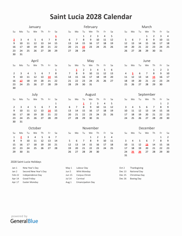 2028 Yearly Calendar Printable With Saint Lucia Holidays