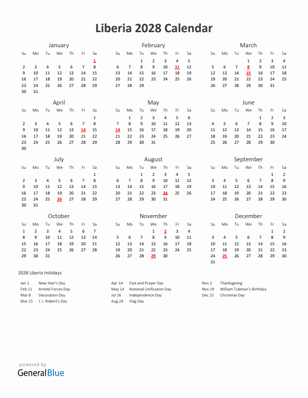 2028 Yearly Calendar Printable With Liberia Holidays