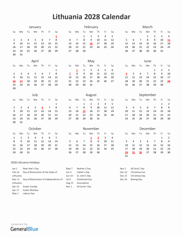2028 Yearly Calendar Printable With Lithuania Holidays