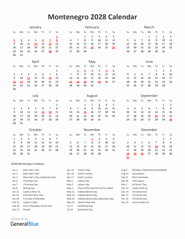 2028 Yearly Calendar Printable With Montenegro Holidays