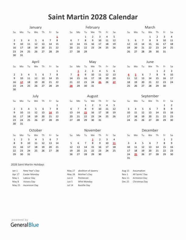 2028 Yearly Calendar Printable With Saint Martin Holidays