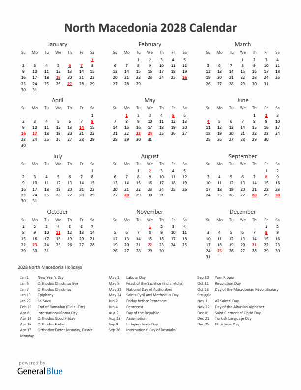 2028 Yearly Calendar Printable With North Macedonia Holidays