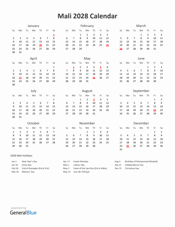 2028 Yearly Calendar Printable With Mali Holidays