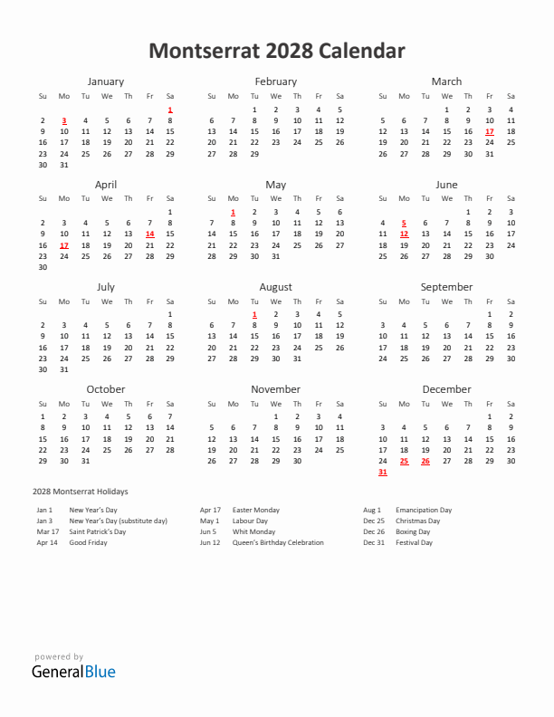 2028 Yearly Calendar Printable With Montserrat Holidays