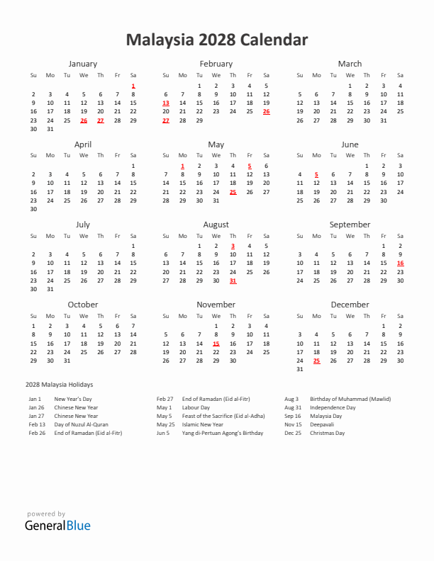 2028 Yearly Calendar Printable With Malaysia Holidays