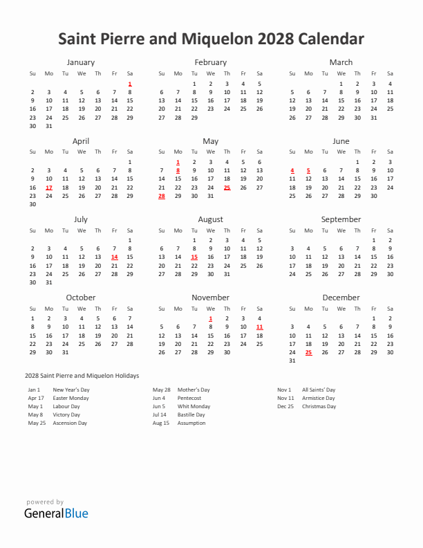 2028 Yearly Calendar Printable With Saint Pierre and Miquelon Holidays