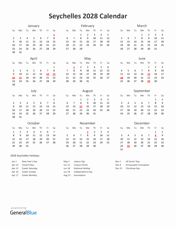 2028 Yearly Calendar Printable With Seychelles Holidays