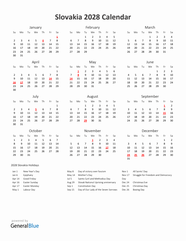 2028 Yearly Calendar Printable With Slovakia Holidays