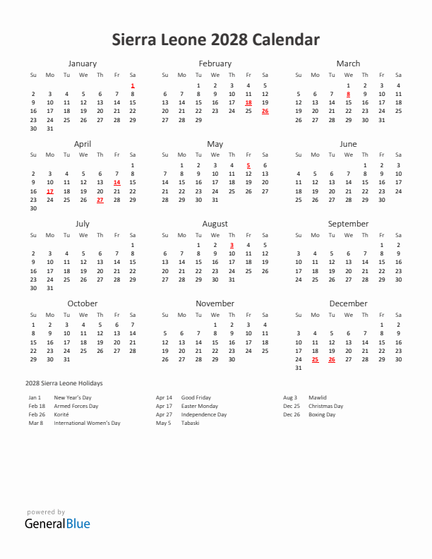 2028 Yearly Calendar Printable With Sierra Leone Holidays