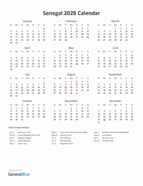 2028 Yearly Calendar Printable With Senegal Holidays