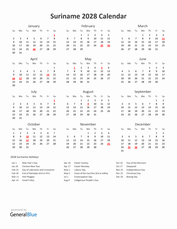 2028 Yearly Calendar Printable With Suriname Holidays