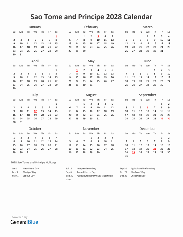 2028 Yearly Calendar Printable With Sao Tome and Principe Holidays