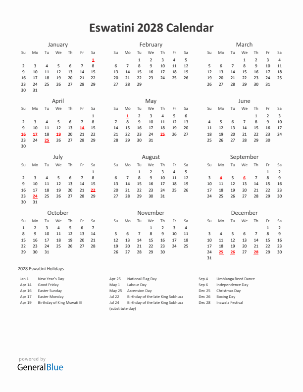 2028 Yearly Calendar Printable With Eswatini Holidays