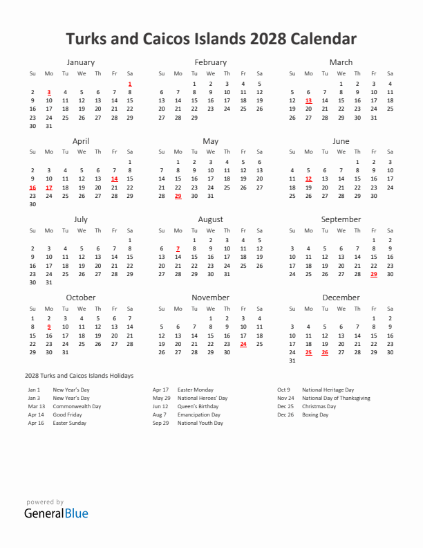 2028 Yearly Calendar Printable With Turks and Caicos Islands Holidays