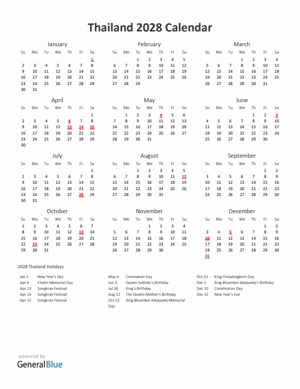 2028 Yearly Calendar Printable With Thailand Holidays