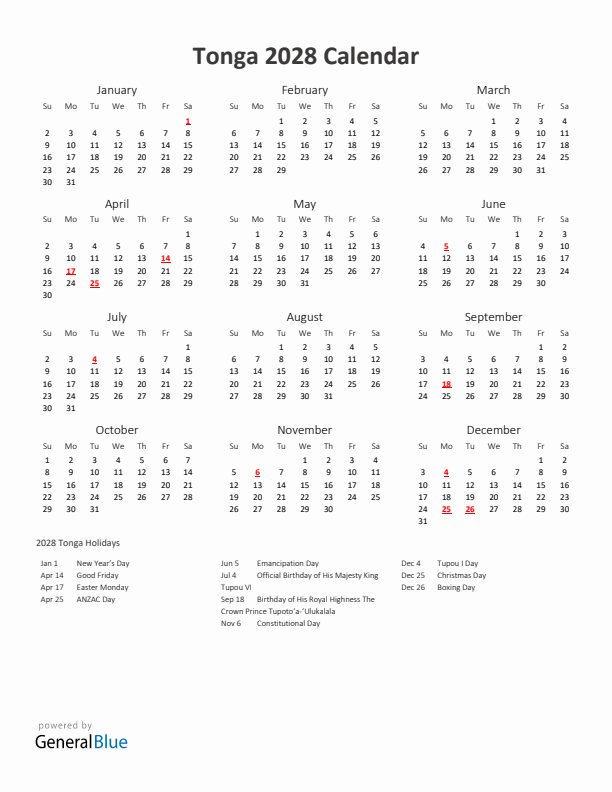 2028 Yearly Calendar Printable With Tonga Holidays