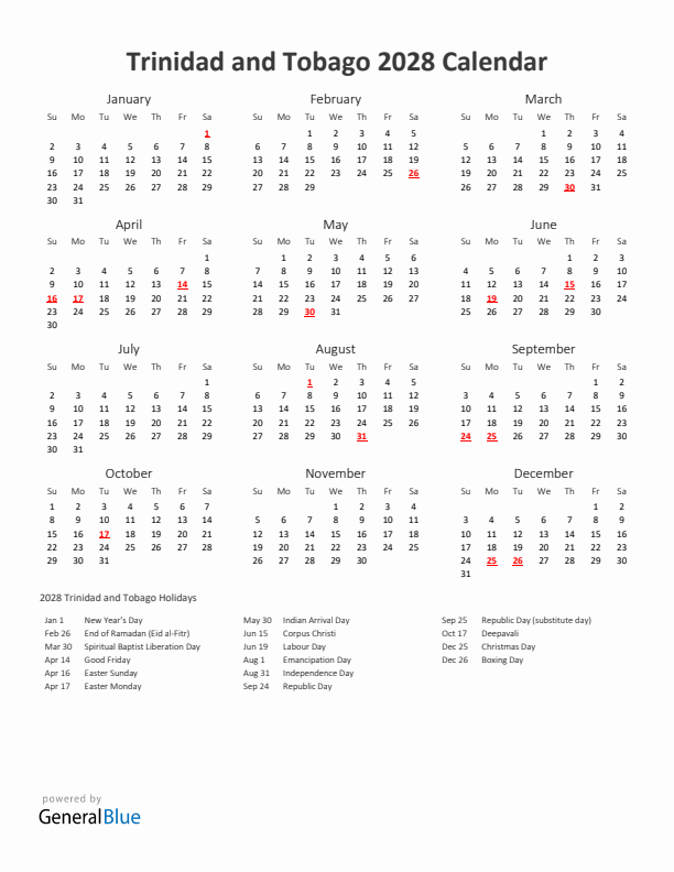 2028 Yearly Calendar Printable With Trinidad and Tobago Holidays