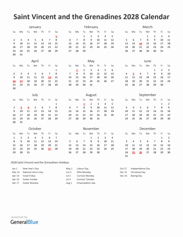 2028 Yearly Calendar Printable With Saint Vincent and the Grenadines Holidays
