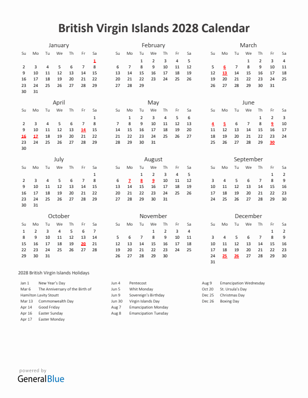 2028 Yearly Calendar Printable With British Virgin Islands Holidays