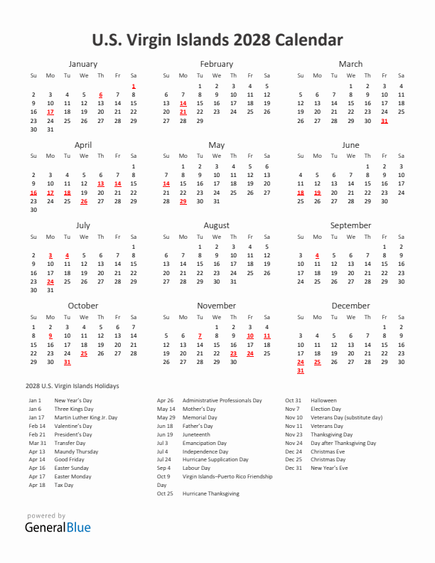2028 Yearly Calendar Printable With U.S. Virgin Islands Holidays
