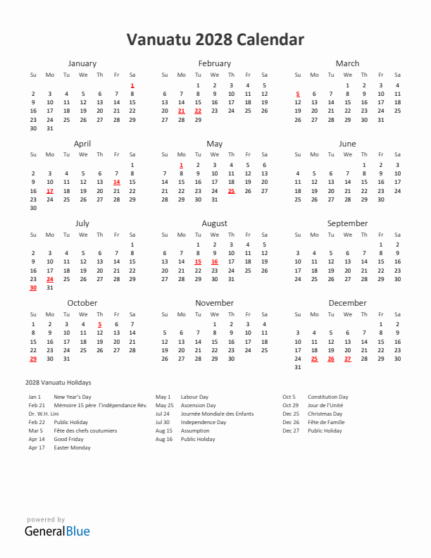 2028 Yearly Calendar Printable With Vanuatu Holidays
