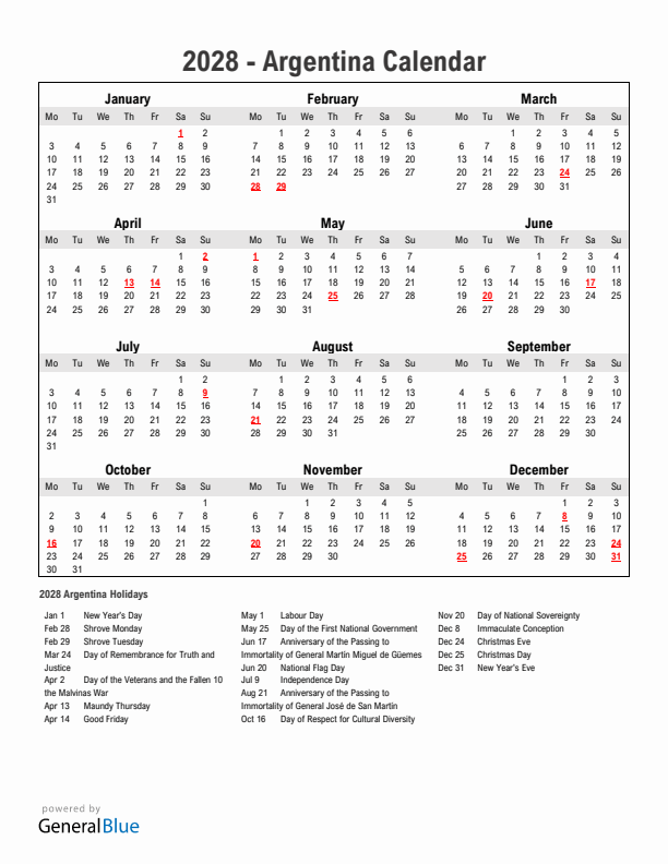 Year 2028 Simple Calendar With Holidays in Argentina