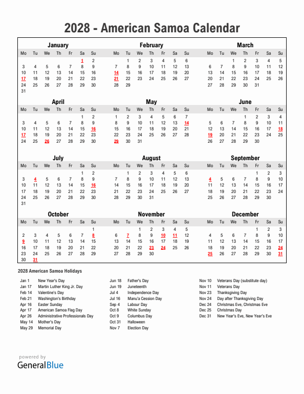 Year 2028 Simple Calendar With Holidays in American Samoa