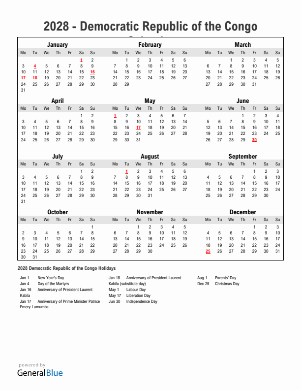 Year 2028 Simple Calendar With Holidays in Democratic Republic of the Congo