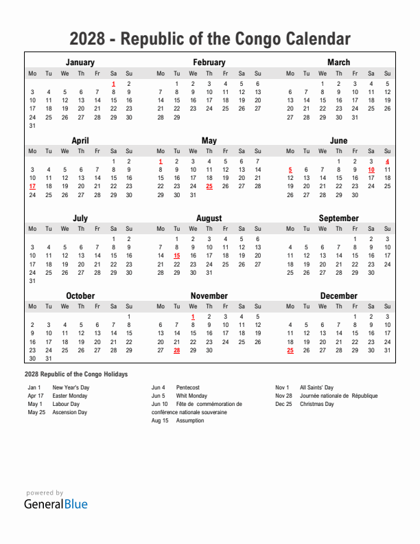 Year 2028 Simple Calendar With Holidays in Republic of the Congo