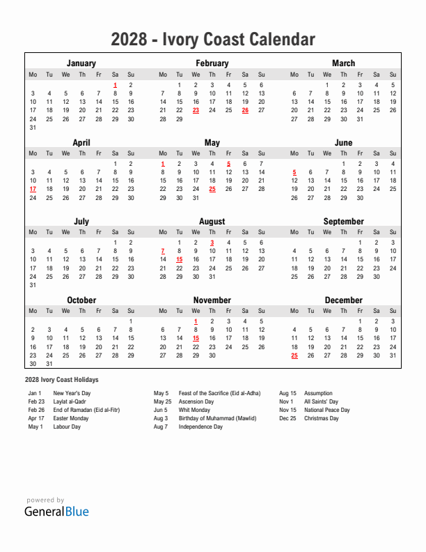 Year 2028 Simple Calendar With Holidays in Ivory Coast