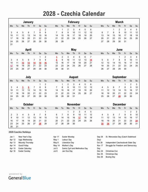 Year 2028 Simple Calendar With Holidays in Czechia
