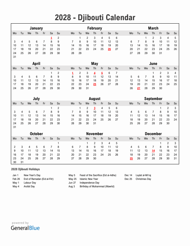 Year 2028 Simple Calendar With Holidays in Djibouti