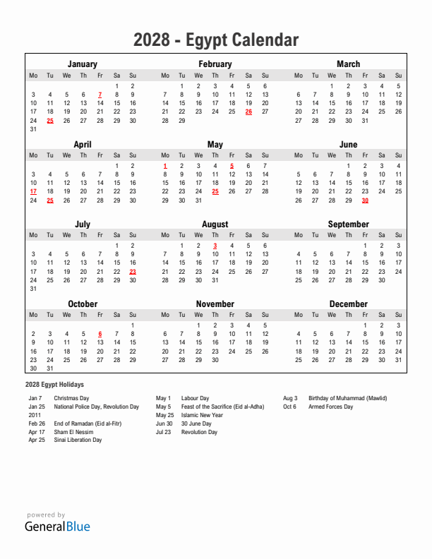 Year 2028 Simple Calendar With Holidays in Egypt