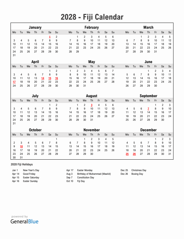 Year 2028 Simple Calendar With Holidays in Fiji
