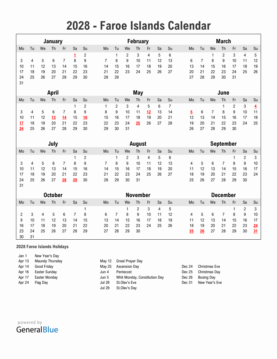 Year 2028 Simple Calendar With Holidays in Faroe Islands - Monday Start