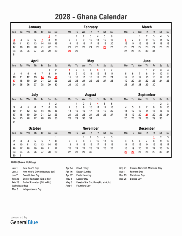 Year 2028 Simple Calendar With Holidays in Ghana