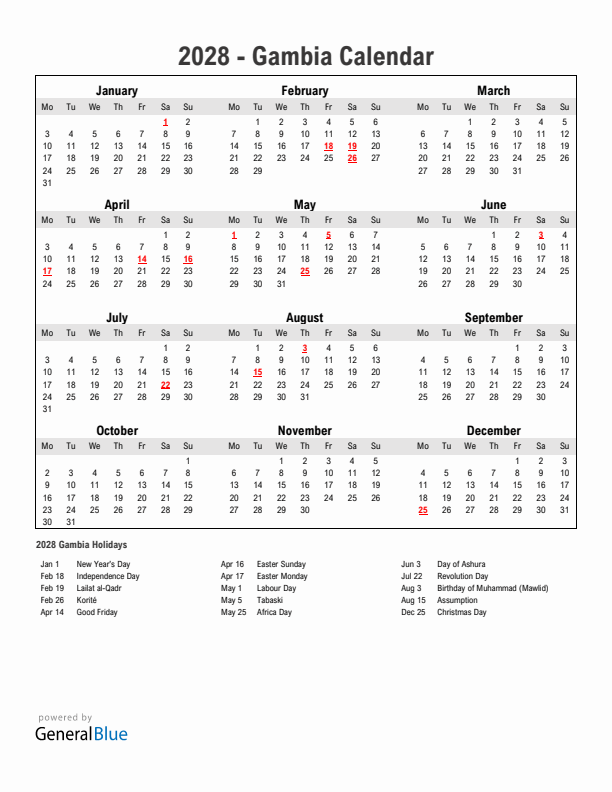 Year 2028 Simple Calendar With Holidays in Gambia