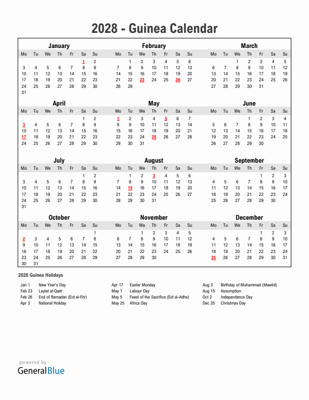 Year 2028 Simple Calendar With Holidays in Guinea