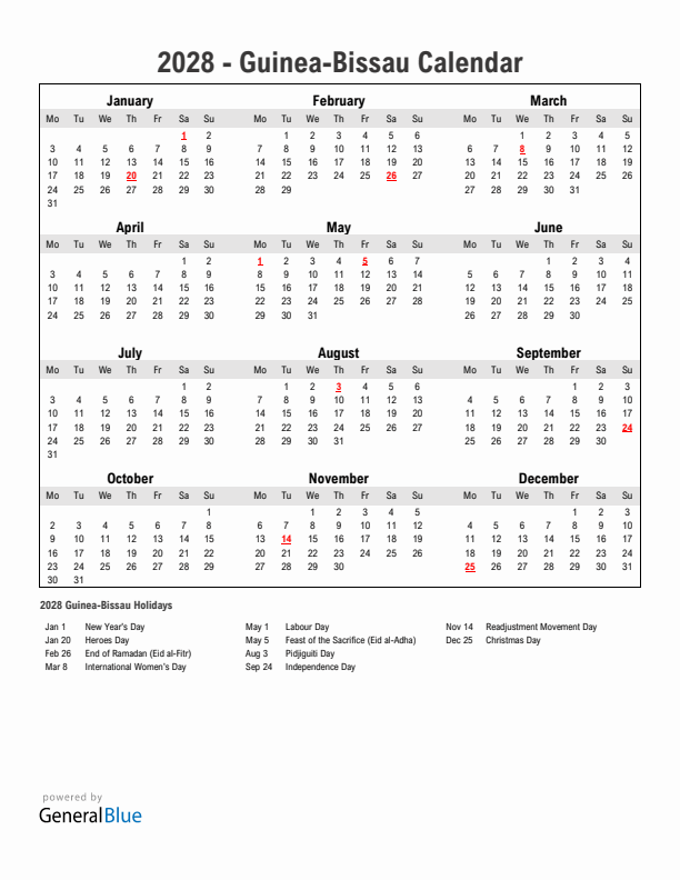 Year 2028 Simple Calendar With Holidays in Guinea-Bissau