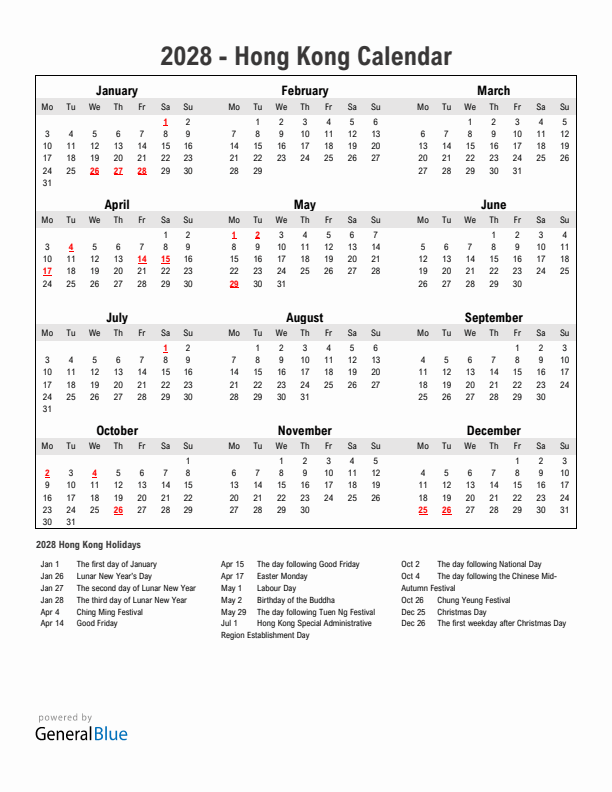 Year 2028 Simple Calendar With Holidays in Hong Kong