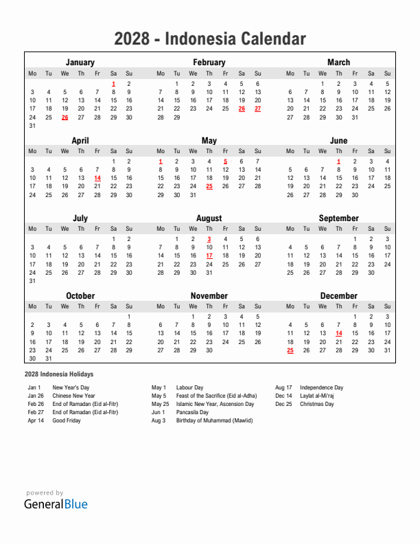 Year 2028 Simple Calendar With Holidays in Indonesia