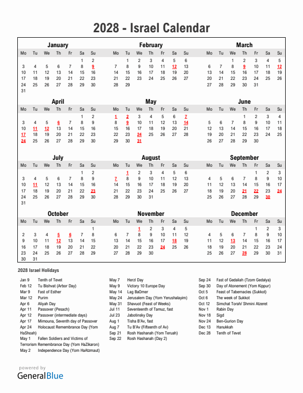 Year 2028 Simple Calendar With Holidays in Israel
