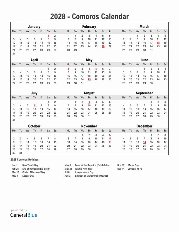Year 2028 Simple Calendar With Holidays in Comoros