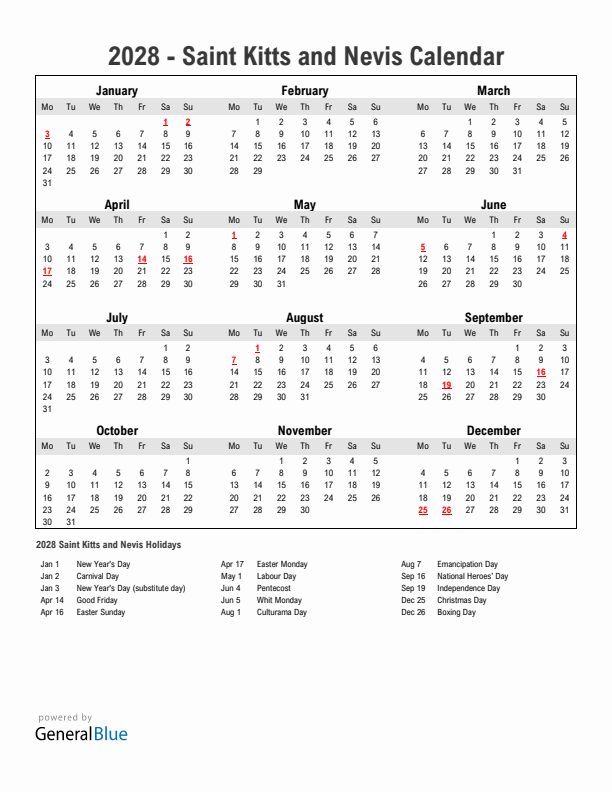 Year 2028 Simple Calendar With Holidays in Saint Kitts and Nevis