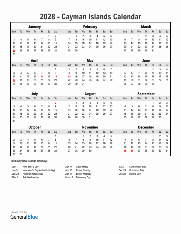 Year 2028 Simple Calendar With Holidays in Cayman Islands
